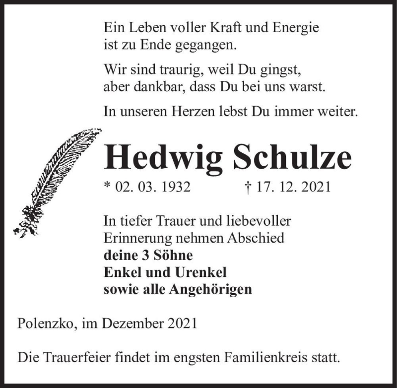  Traueranzeige für Hedwig Schulze  vom 24.12.2021 aus Magdeburger Volksstimme