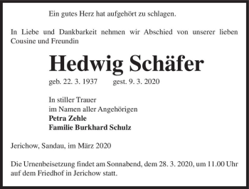 Traueranzeige von Hedwig Schäfer  von Magdeburger Volksstimme