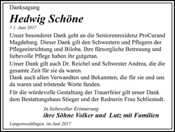 Traueranzeige von Hedwig Schöne  von Magdeburger Volksstimme