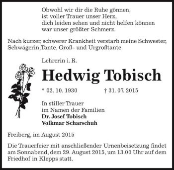 Traueranzeige von Hedwig Tobisch  von Magdeburger Volksstimme