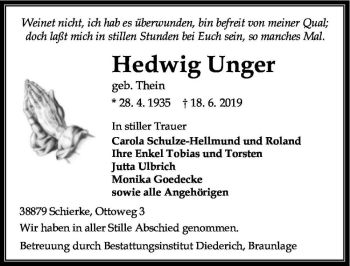 Traueranzeige von Hedwig Unger (geb. Thein)  von Magdeburger Volksstimme