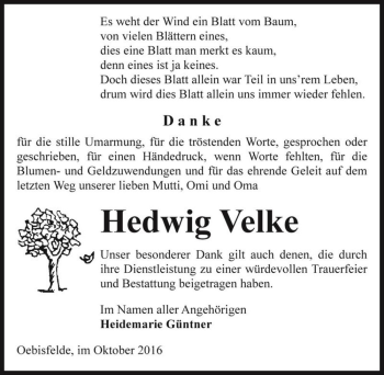 Traueranzeige von Hedwig Velke  von Magdeburger Volksstimme