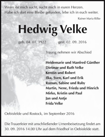 Traueranzeige von Hedwig Velke  von Magdeburger Volksstimme