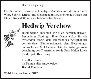 Traueranzeige von Hedwig Verchow  von Magdeburger Volksstimme