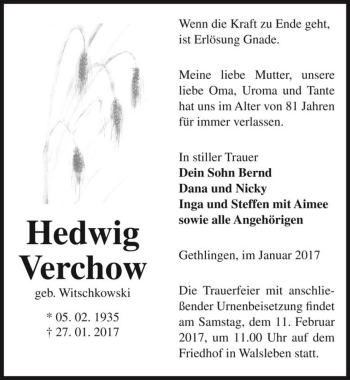 Traueranzeige von Hedwig Verchow (geb. Witschkowski)  von Magdeburger Volksstimme