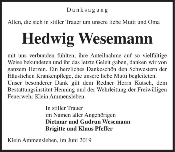Traueranzeige von Hedwig Wesemann  von Magdeburger Volksstimme