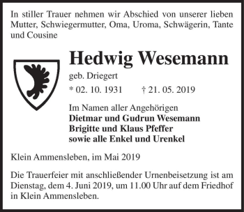 Traueranzeige von Hedwig Wesemann (geb. Driegert)  von Magdeburger Volksstimme