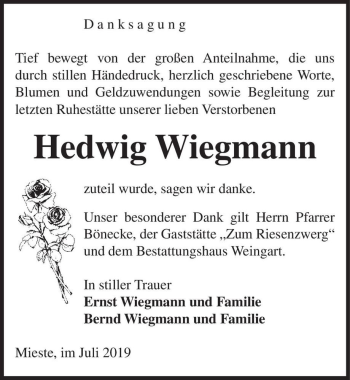 Traueranzeige von Hedwig Wiegmann  von Magdeburger Volksstimme