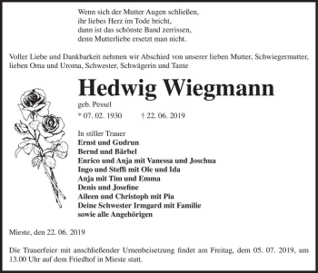 Traueranzeige von Hedwig Wiegmann (geb. Pessel)  von Magdeburger Volksstimme