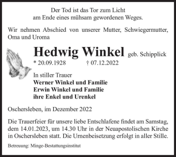Traueranzeige von Hedwig Winkel (geb. Schipplick)  von Magdeburger Volksstimme