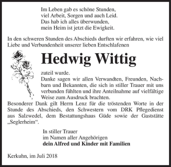 Traueranzeige von Hedwig Wittig  von Magdeburger Volksstimme