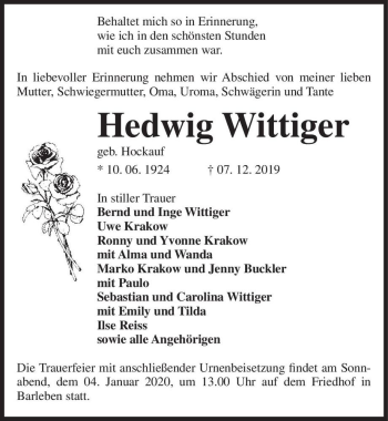 Traueranzeige von Hedwig Wittiger (geb. Hockauf)  von Magdeburger Volksstimme