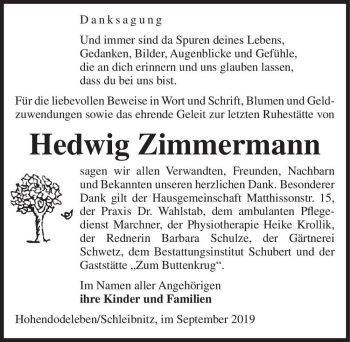 Traueranzeige von Hedwig Zimmermann  von Magdeburger Volksstimme