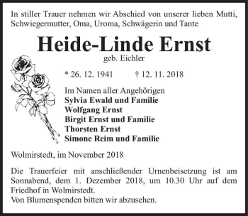 Traueranzeige von Heide-Linde Ernst (geb. Eichler)  von Magdeburger Volksstimme