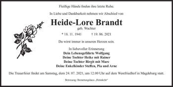 Traueranzeige von Heide-Lore Brandt (geb. Wachter)  von Magdeburger Volksstimme