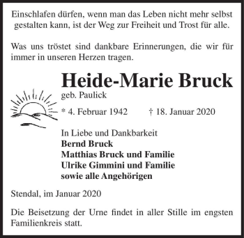 Traueranzeige von Heide-Marie Bruck (geb. Paulick)  von Magdeburger Volksstimme