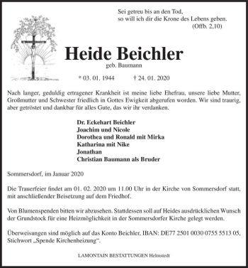 Traueranzeige von Heide Beichler (geb. Baumann)  von Magdeburger Volksstimme