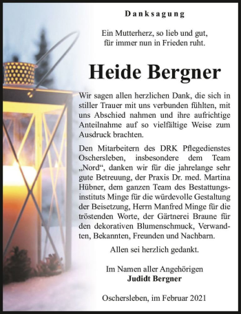 Traueranzeige von Heide Bergner  von Magdeburger Volksstimme