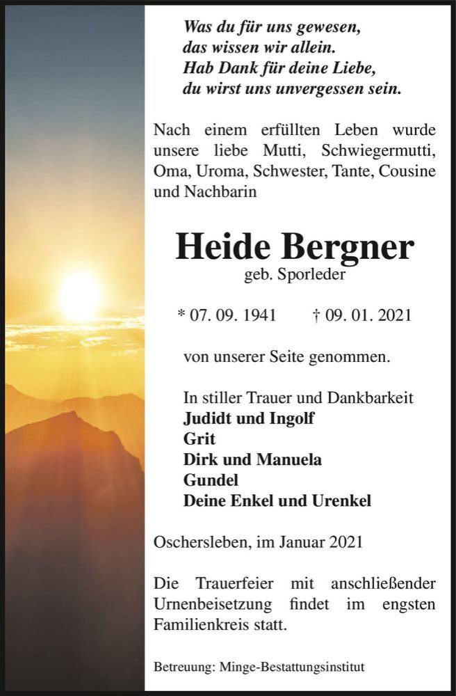  Traueranzeige für Heide Bergner (geb. Sporleder)  vom 16.01.2021 aus Magdeburger Volksstimme