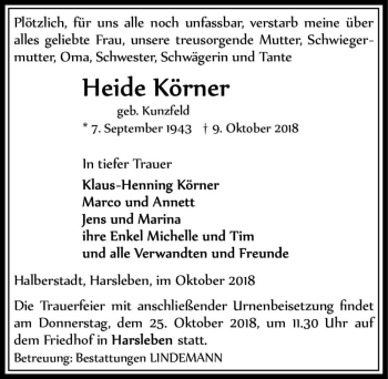 Traueranzeige von Heide Körner (geb. Kunzfeld)  von Magdeburger Volksstimme