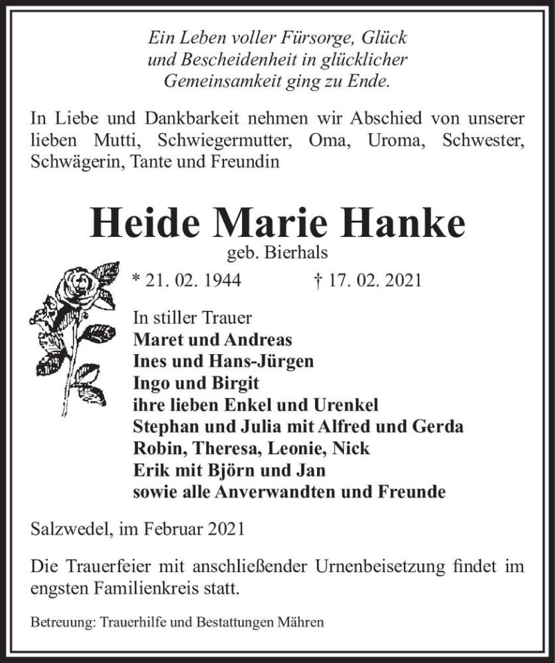  Traueranzeige für Heide Marie Hanke (geb. Bierhals)  vom 23.02.2021 aus Magdeburger Volksstimme