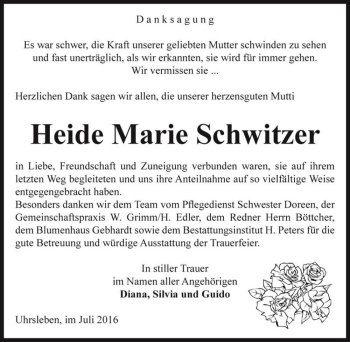 Traueranzeige von Heide Marie Schwitzer  von Magdeburger Volksstimme