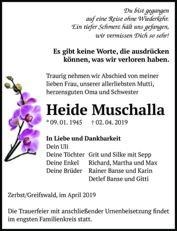 Traueranzeige von Heide Muschalla  von Magdeburger Volksstimme