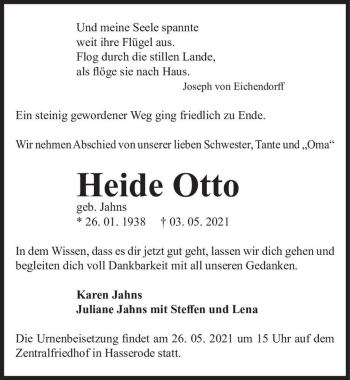 Traueranzeige von Heide Otto (geb. Jahns)  von Magdeburger Volksstimme
