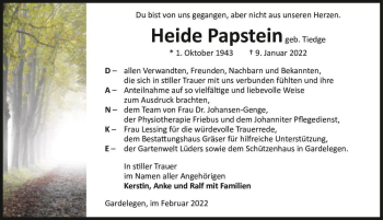 Traueranzeige von Heide Papstein (geb. Tiedge)  von Magdeburger Volksstimme