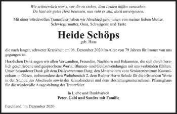 Traueranzeige von Heide Schöps (geb. Haas)  von Magdeburger Volksstimme