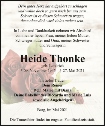 Traueranzeige von Heide Thonke (geb. Lendrich)  von Magdeburger Volksstimme