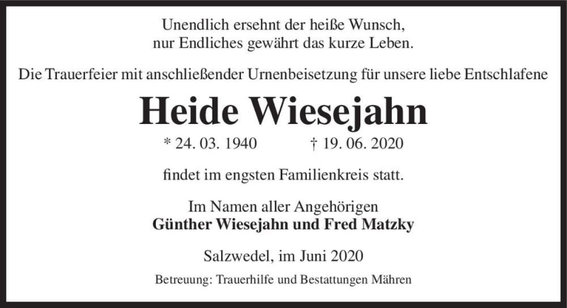  Traueranzeige für Heide Wiesejahn  vom 24.06.2020 aus Magdeburger Volksstimme