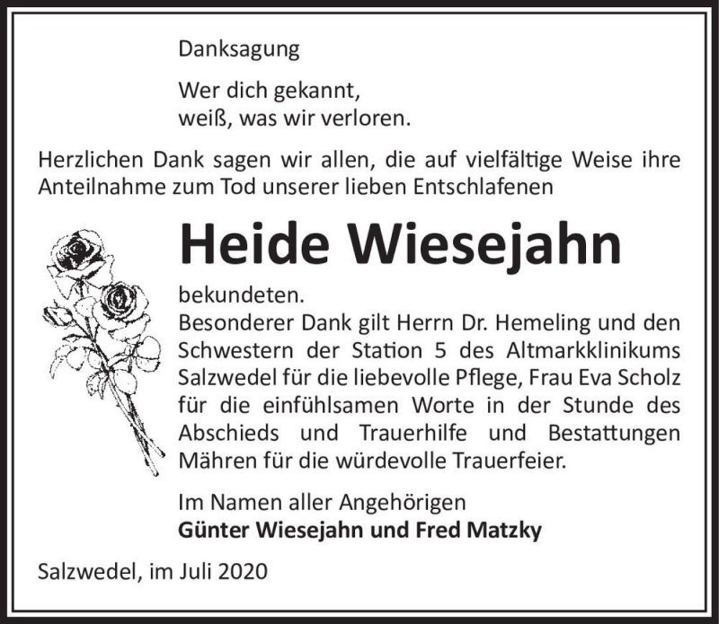  Traueranzeige für Heide Wiesejahn  vom 08.07.2020 aus Magdeburger Volksstimme