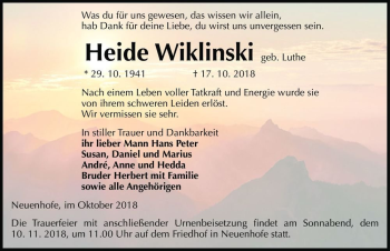 Traueranzeige von Heide Wiklinksi (geb. Luthe)  von Magdeburger Volksstimme