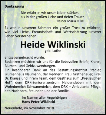 Traueranzeige von Heide Wiklinski (geb. Luthe)  von Magdeburger Volksstimme