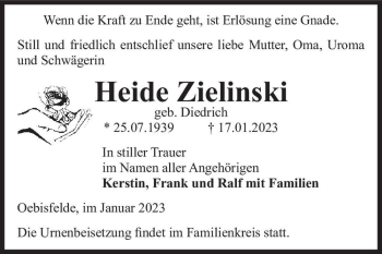 Traueranzeige von Heide Zielinski (geb. Diedrich)  von Magdeburger Volksstimme
