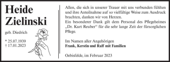 Traueranzeige von Heide Zielinski (geb. Diedrich)  von Magdeburger Volksstimme