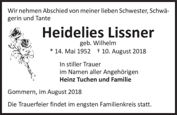 Traueranzeige von Heidelies Lissner (geb. Wilhelm)  von Magdeburger Volksstimme