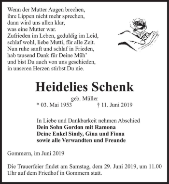 Traueranzeige von Heidelies Schenk (geb. Müller)  von Magdeburger Volksstimme