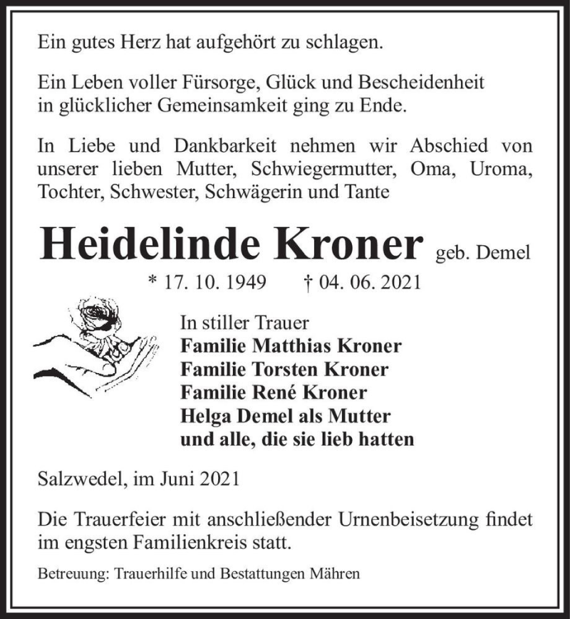  Traueranzeige für Heidelinde Kroner (geb. Demel)  vom 11.06.2021 aus Magdeburger Volksstimme