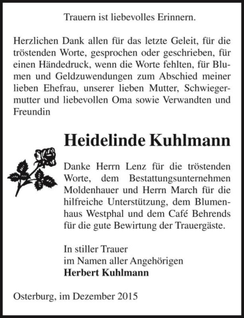 Traueranzeige von Heidelinde Kuhlmann  von Magdeburger Volksstimme