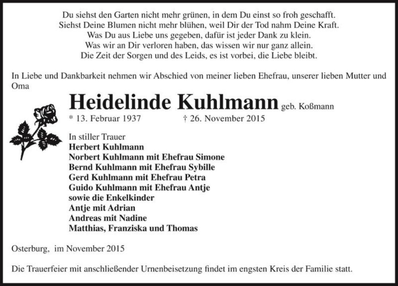  Traueranzeige für Heidelinde Kuhlmann (geb. Koßmann)  vom 28.11.2015 aus Magdeburger Volksstimme