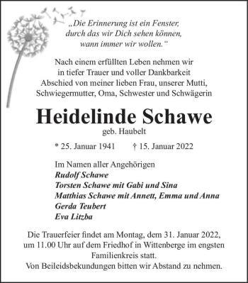 Traueranzeige von Heidelinde Schawe (geb. Haubelt)  von Magdeburger Volksstimme