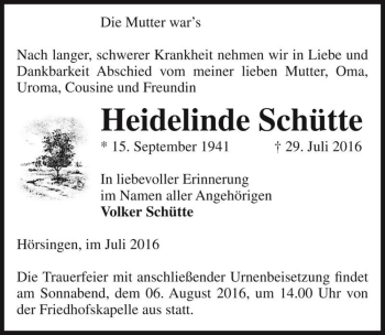 Traueranzeige von Heidelinde Schütte  von Magdeburger Volksstimme