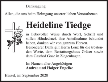Traueranzeige von Heideline Tiedge  von Magdeburger Volksstimme