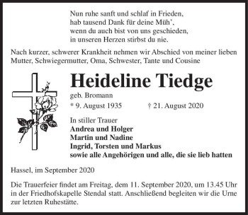 Traueranzeige von Heideline Tiedge (geb. Bromann)  von Magdeburger Volksstimme