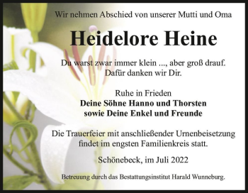 Traueranzeige von Heidelore Heine  von Magdeburger Volksstimme