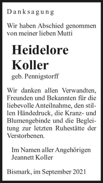 Traueranzeige von Heidelore Koller (geb. Pennigstorff)  von Magdeburger Volksstimme