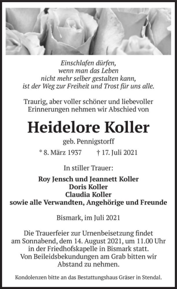 Traueranzeige von Heidelore Koller (geb. Pennigstorff)  von Magdeburger Volksstimme