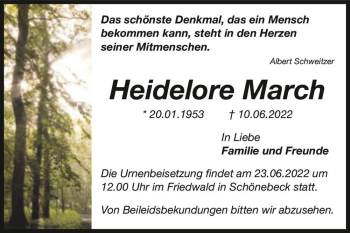 Traueranzeige von Heidelore March  von Magdeburger Volksstimme